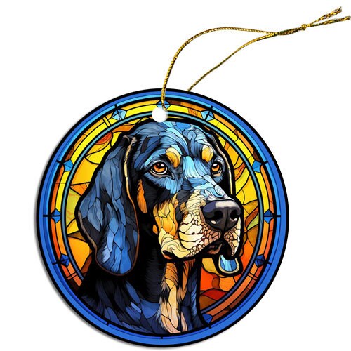 Stained glass style Christmas ornament featuring a Coonhound, showcasing vibrant colors and intricate design.